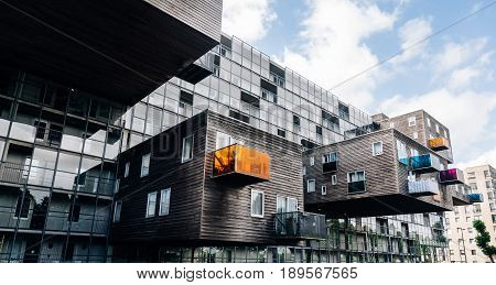 Amsterdam Netherlands - August 08 2016: WoZoCo is a project by MVRDV architects to provide 100 one-bedroom dwellings for seniors in Amsterdam. The building is known because of the extreme cantilever of some of the apartments and the variety of materials: