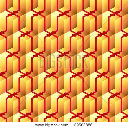 Seamless pattern for festive gift wrapping. A fun celebration. The tradition of giving gifts. Gold boxes with red ribbon.