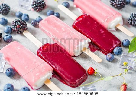 Fresh summer wild blueberries and brambleberry strawberry and home made ice cream popsicles.
