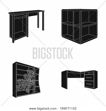 Dressing table, corner shelves, computer desk, wardrobe with glass. Bedroom furniture set collection icons in black style vector symbol stock illustration .