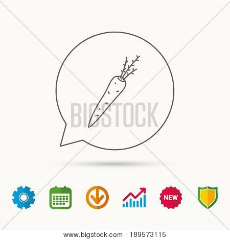 Carrot icon. Vegetarian food sign. Natural vegetable symbol. Calendar, Graph chart and Cogwheel signs. Download and Shield web icons. Vector