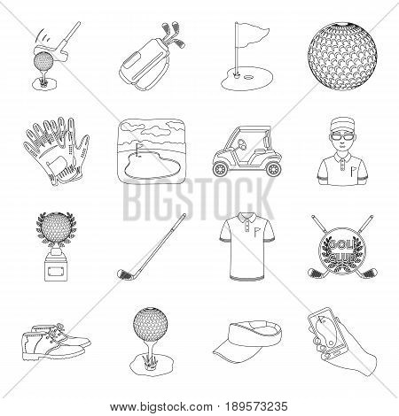 A golfer, a ball, a club and other golf attributes.Golf club set collection icons in outline style vector symbol stock illustration .