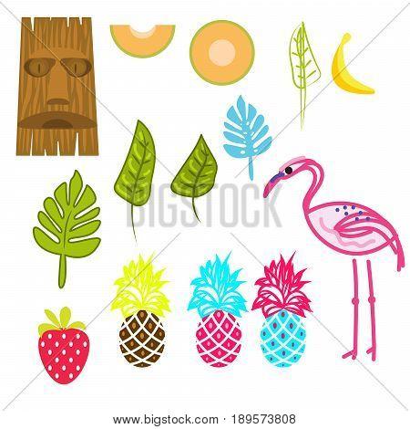 Hawaii aloha clip art vector set. Tiki mask, pink flamingo, palm leaves and tropical summer fruits.