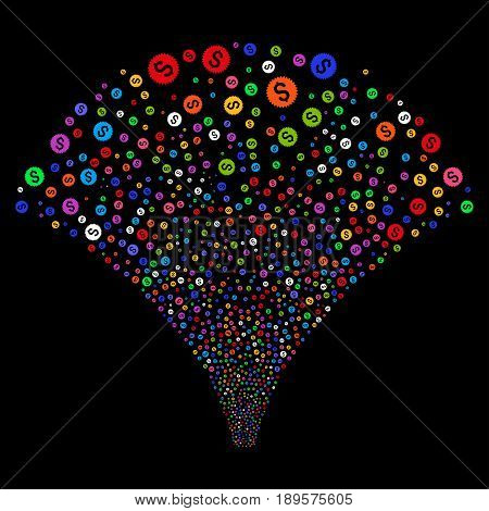 Financial Seal salute stream. Vector illustration style is flat bright multicolored iconic symbols on a black background. Object source fountain made from random pictograms.
