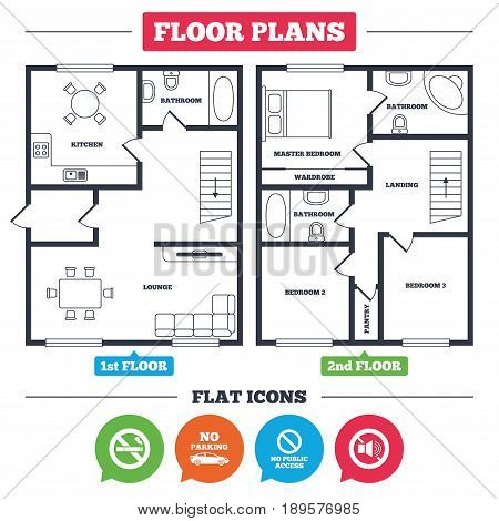 Architecture plan with furniture. House floor plan. Stop smoking and no sound signs. Private territory parking or public access. Cigarette symbol. Speaker volume. Kitchen, lounge and bathroom. Vector