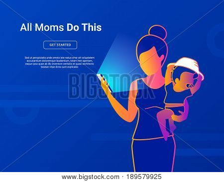 All moms do this. Young mom with baby using smartphone for social networking, reading news, watching video, searching internet. Modern gradient thin line vector illustration of young mothers lifestyle