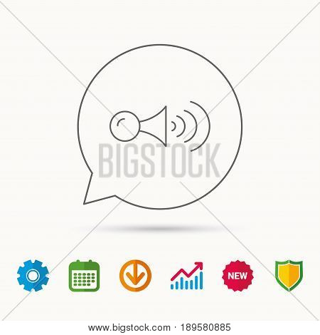 Klaxon signal icon. Car horn sign. Calendar, Graph chart and Cogwheel signs. Download and Shield web icons. Vector