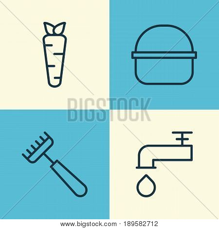 Farm Icons Set. Collection Of Rake, Spigot, Package And Other Elements. Also Includes Symbols Such As Root, Faucet, Pitchfork.