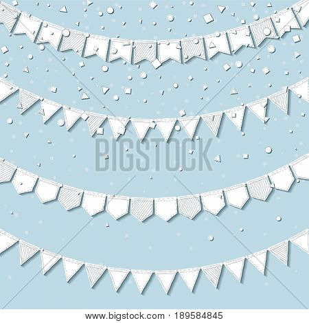 Garland Flags. Splendid Celebration Card With White Stitched Cutout Paper Garland Flags And Confetti