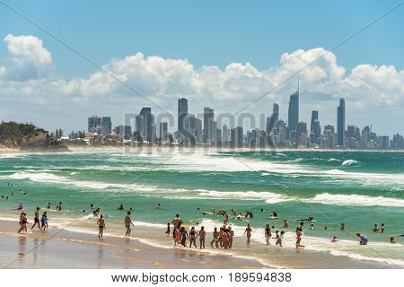 Burleigh Beach At Coolangata With Gold Coast Skyline