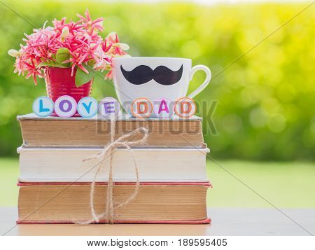 Father's day concept. LOVE DAD alphabet on stack of books gifts tea cup with black Mustache and flower on background