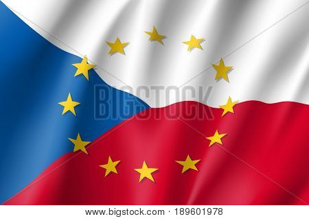Czech Republic national flag with a circle of European Union twelve gold stars, identity and unity with EU, member since 1 May 2004. Realistic vector style illustration