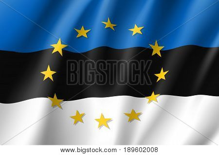 Estonia national flag with a circle of European Union twelve gold stars, solidarity and harmony with EU, member since 1 May 2004. Realistic vector style illustration