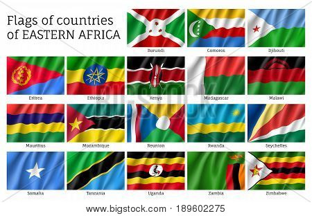 Set of waving flags of East Africa countries: Djibouti, Comoros, Burundi and Eritrea, Ethiopia, Kenya, Malawi and Mauritius. 18 ensigns of Eastern African states. Vector isolated icons