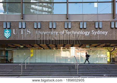 Sydney Australia - April 25 2016: University of Technology Sydney building in Ultimo with person walking