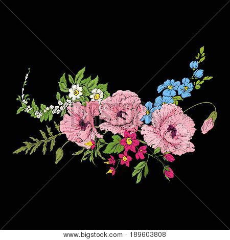 Embroidery vintage flowers bouquet of poppy, daffodil, anemone, violet in botanical style on black background. Stock vector illustration.