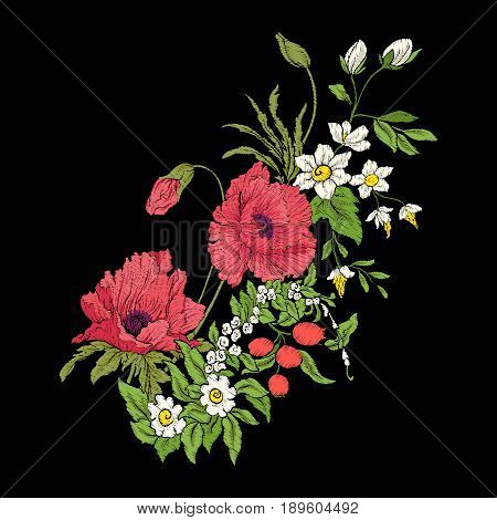 Embroidery vintage flowers bouquet of poppy, daffodil, anemone, violet in botanical style on black background. Stock vector illustration.