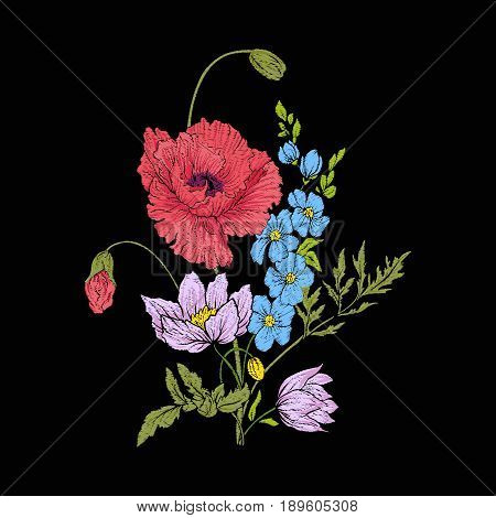 Embroidery vintage flowers bouquet of poppy, daffodil, anemone, violet in botanical style on black background. Stock vector illustration.