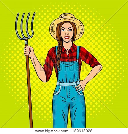 Girl farmer with pitchfork pop art retro vector illustration. Comic book style imitation.