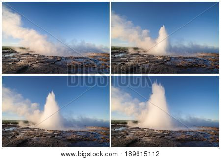 Eruption of the geyser Strokkur. South western part of Iceland in the geothermal area. Sunny day with clear blue sky. Famous Tourist Attraction