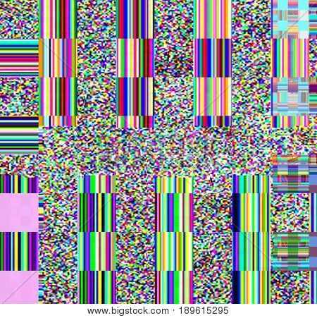 Glitch psychedelic background. Old TV screen error. Digital pixel noise abstract design. Broken pixels glitch. Television signal fail. Technical problem grunge wallpaper. Colorful noise rerto