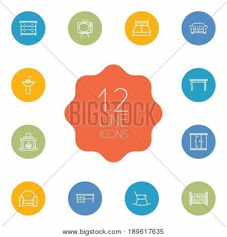 Set Of 12 Set Outline Icons Set.Collection Of Sofa, Crib, Armchair And Other Elements.