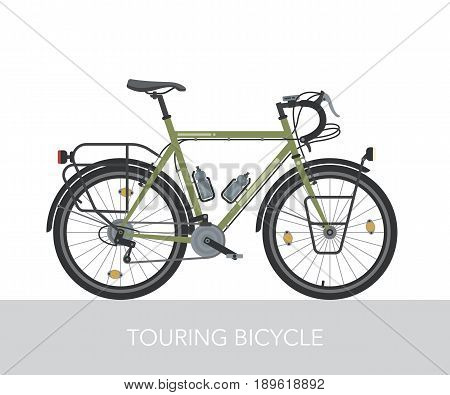 Configuration of city, touring or trekking bicycle. Bike for long distance travel around the world. Steel frame and heavy equipped bicycle. Ecology transport. Detailed vector illustration.