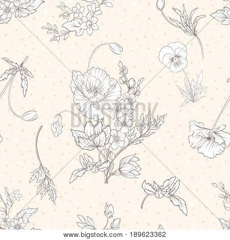 Seamless pattern with poppy flowers, daffodils, anemones, violets in botanical vintage style. On beige background . Stock line vector illustration.