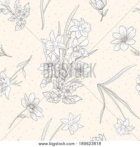 Seamless pattern with poppy flowers, daffodils, anemones, violets in botanical vintage style. On beige background . Stock line vector illustration.