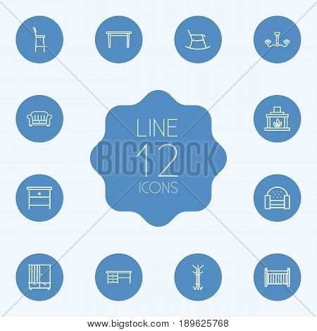Set Of 12 Decor Outline Icons Set.Collection Of Table, Hanger, Bar Stool And Other Elements.