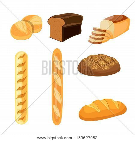 Bakery shop vector icons. Baked bread products wheat, rye bread loafs, bagels, sliced bread toasts. Elements for bakery, pastry design