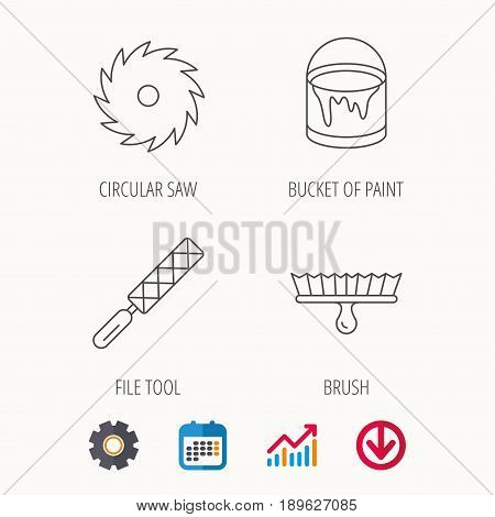 File tool, circular saw and brush tool icons. Bucket of paint linear sign. Calendar, Graph chart and Cogwheel signs. Download colored web icon. Vector