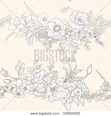 Seamless pattern with poppy flowers, daffodils, anemones, violets in botanical vintage style. On beige background . Stock line vector illustration.