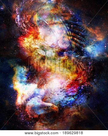magical space eale and indian headres, multicolor computer graphic collage