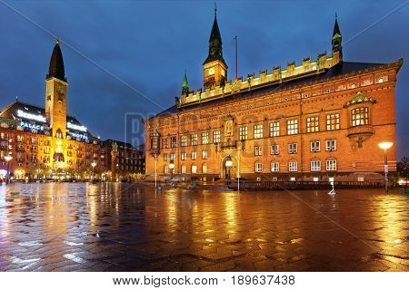 COPENHAGEN, DENMARK - NOVEMBER 5, 2016: Night view of the City Hall of Copenhagen. The building was erected in 1905 by design of the architect Martin Nyrop