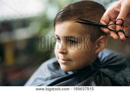 Little Boy Getting Haircut By Barber While Sitting In Chair At Barbershop.  Little boy on a haircut in the barber sits on a chair.