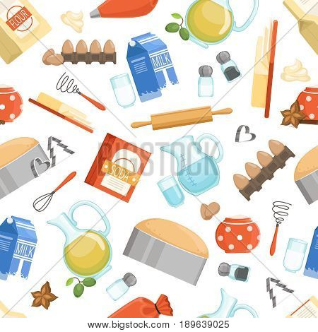 Different ingredients for cooking bakery foods. Vector seamless pattern in cartoon style. Background with cooking ingredient illustration