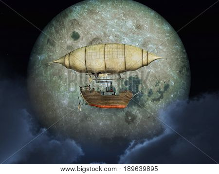 Computer generated 3D illustration with a fantasy airship in front of the moon