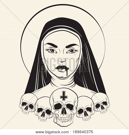 Vector illustration of nun with human skull blood and cross made in hand drawn line realistic style. Template for card poster banner print for t-shirt