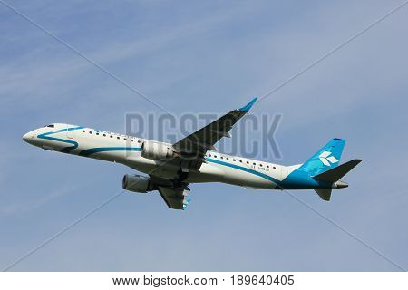 Amsterdam the Netherlands - June 2nd 2017: I-ADJU Air Dolomiti Embraer ERJ-195LR taking off from Polderbaan Runway Amsterdam Airport Schiphol