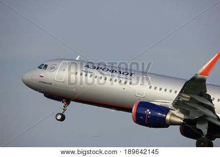 Amsterdam the Netherlands - June 2nd 2017: VP-BKI Aeroflot - Russian Airlines Airbus A321 taking off from Polderbaan Runway Amsterdam Airport Schiphol
