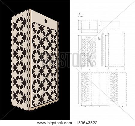 Cut out template for two bottles Wine gift slider Box or Wine  Glass Box (plywood 3 mm). Creative memory bottle pack with geometric design. Scheme is suitable for a laser cutting or printing