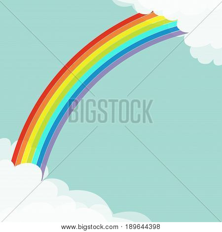 Rainbow in the sky. Fluffy cloud in corners frame template. Cloudshape. Cloudy weather. LGBT sign symbol. Flat design. Blue background. Isolated Vector illustration