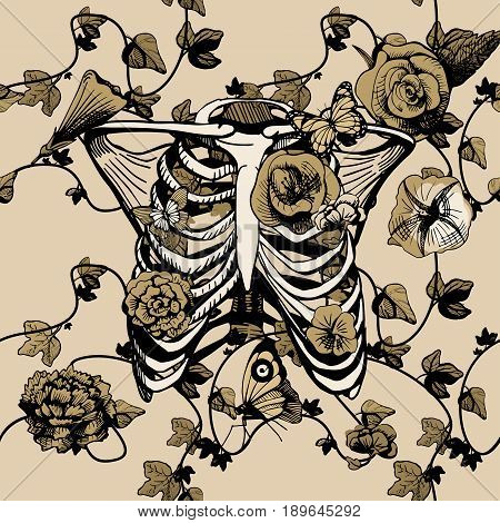 Vector illustration bones of chest surrounded and covered with plants flowers and butterflies. Ribs ribcage in yellow golden khaki color