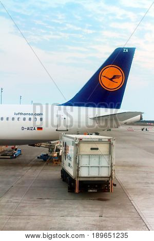 KYIV, UKRAINE - AUGUST 12, 2013:: Lufthansa Airbus A320-214 parked in Boryspil International Airport in Kyiv, Ukraine