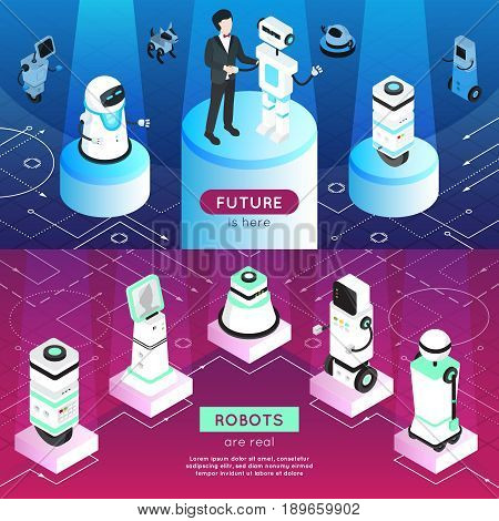 Robots horizontal isometric banners with man, high tech machines on pedestals in light rays isolated vector illustration