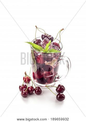 Ice cream and cherry juice isolated on white background