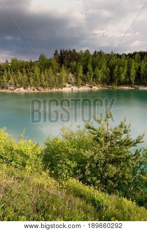 Chalk Quarry Filled With Water In Belarus.