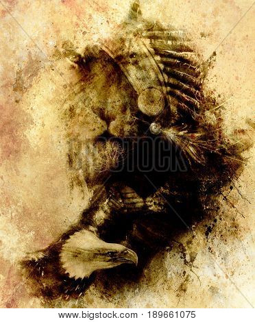 painting of mighty flying eagle and tiger. on abstract background, sepia effect