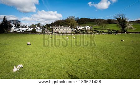 A sunny springtime view of the small Cumbrian village of Near Sawrey in the English Lake District. The village was the home of children's author Beatrix Potter.